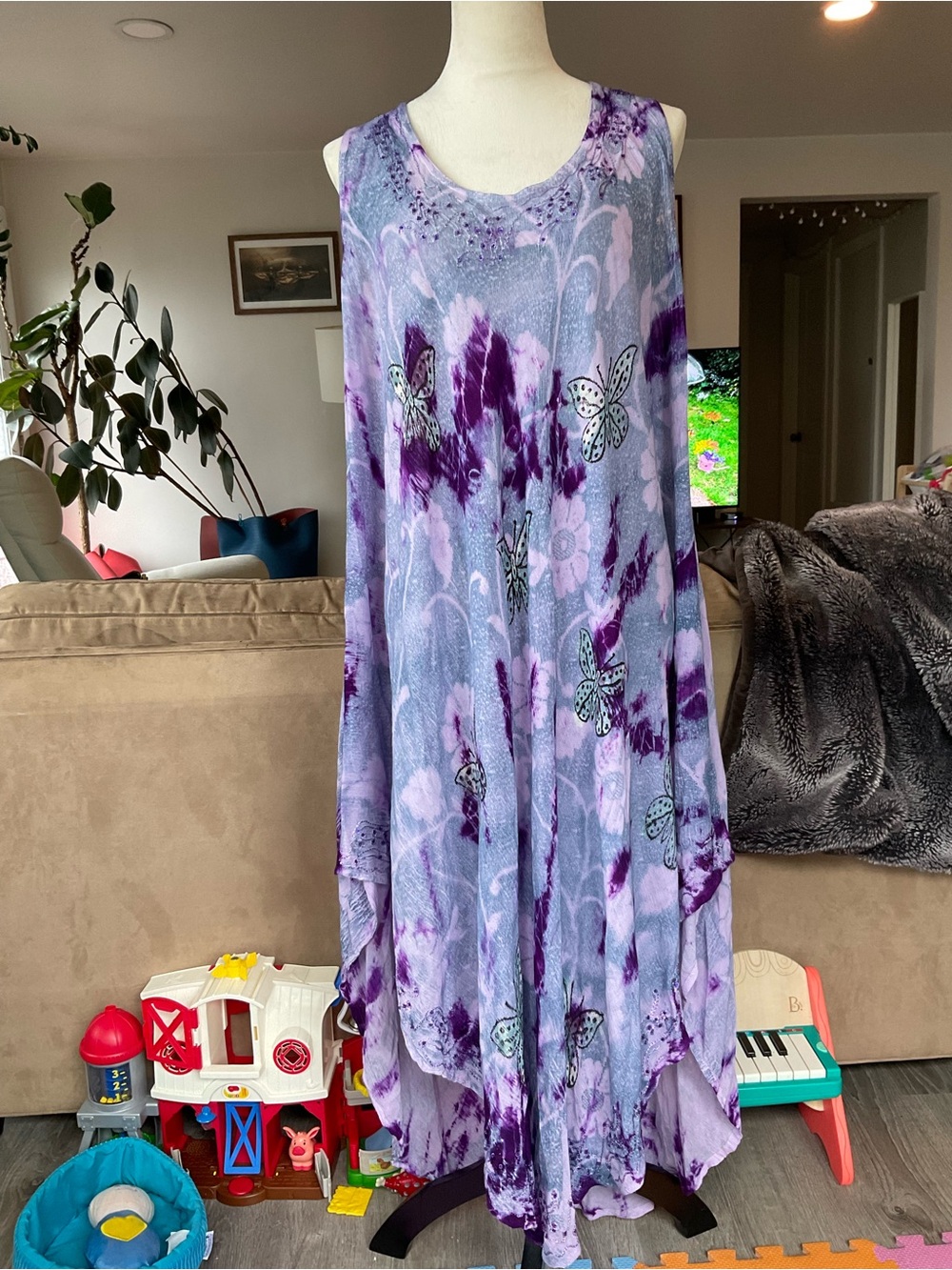 🦋Boho Tie-Dye Beaded Lavender Purple Butterfly Sleeveless Maxi Dress Free Size